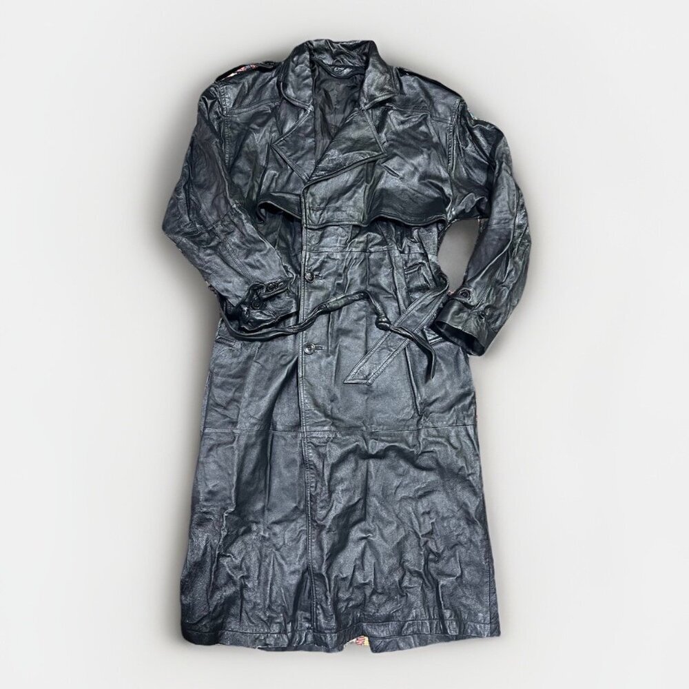 Vintage Long Black Leather Trench Coat Women’s Size XL Belted